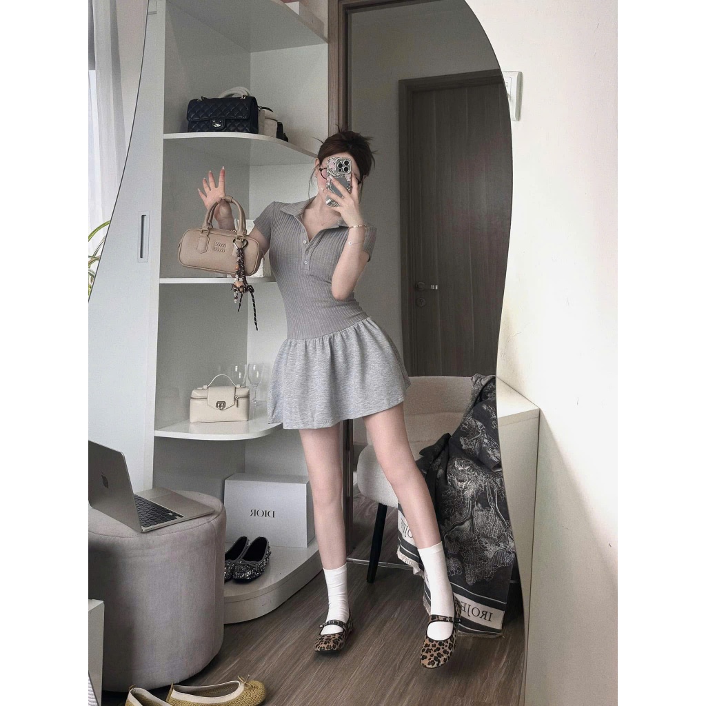 Váy body cổ sơ mi tay hến bồng xoè thiết kế sang trọng, Đầm polo nữ tay hến phối tùng xoè nhún tkế năng động