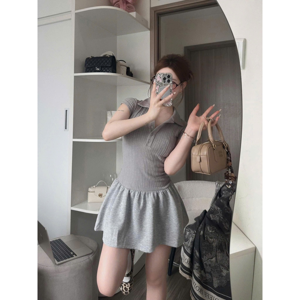 Váy body cổ sơ mi tay hến bồng xoè thiết kế sang trọng, Đầm polo nữ tay hến phối tùng xoè nhún tkế năng động