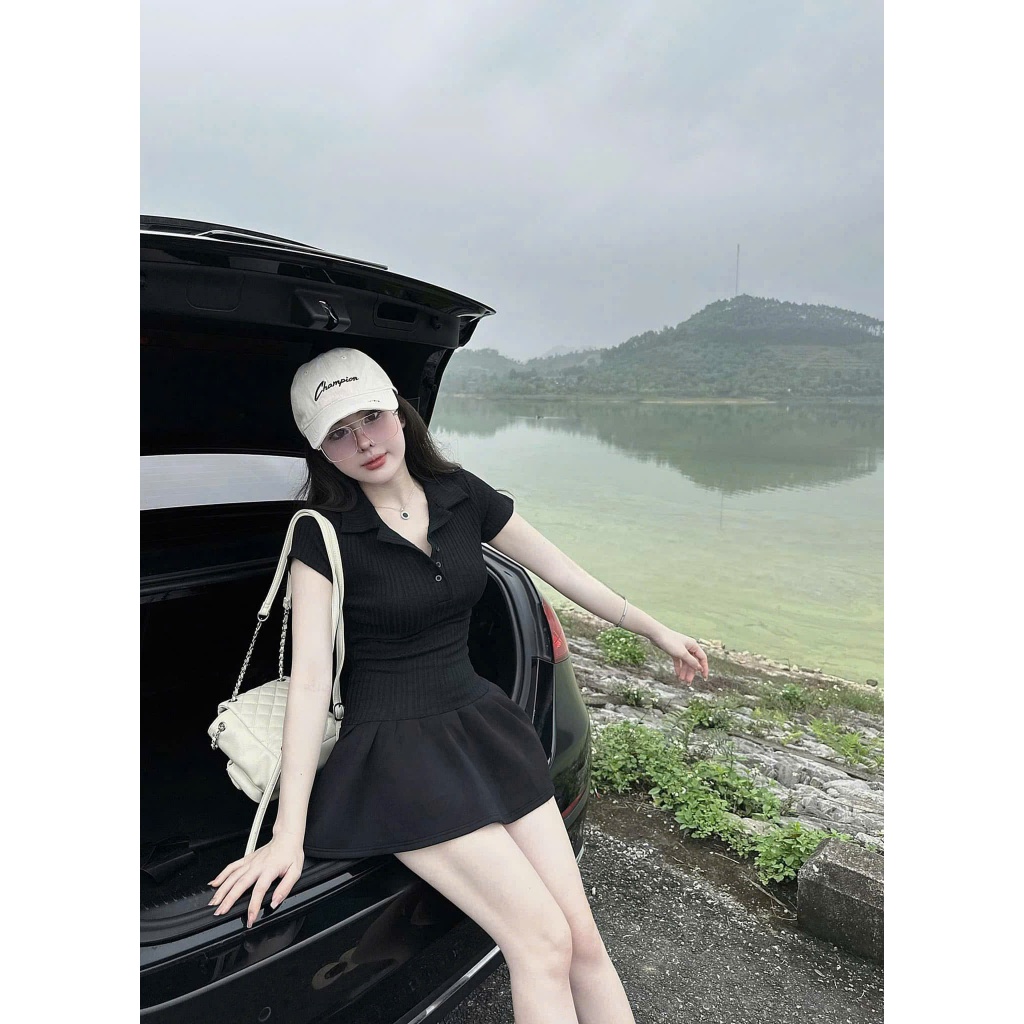 Váy body cổ sơ mi tay hến bồng xoè thiết kế sang trọng, Đầm polo nữ tay hến phối tùng xoè nhún tkế năng động