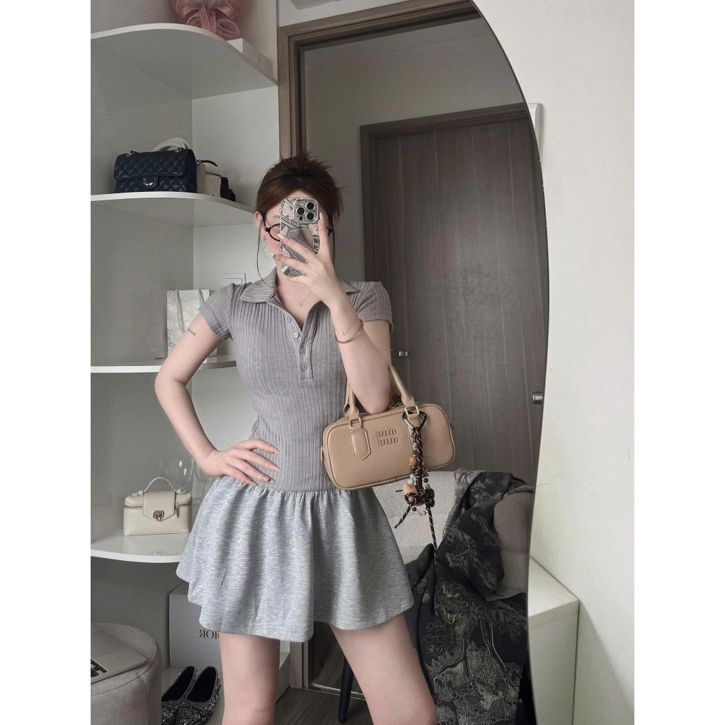 Váy body cổ sơ mi tay hến bồng xoè thiết kế sang trọng, Đầm polo nữ tay hến phối tùng xoè nhún tkế năng động