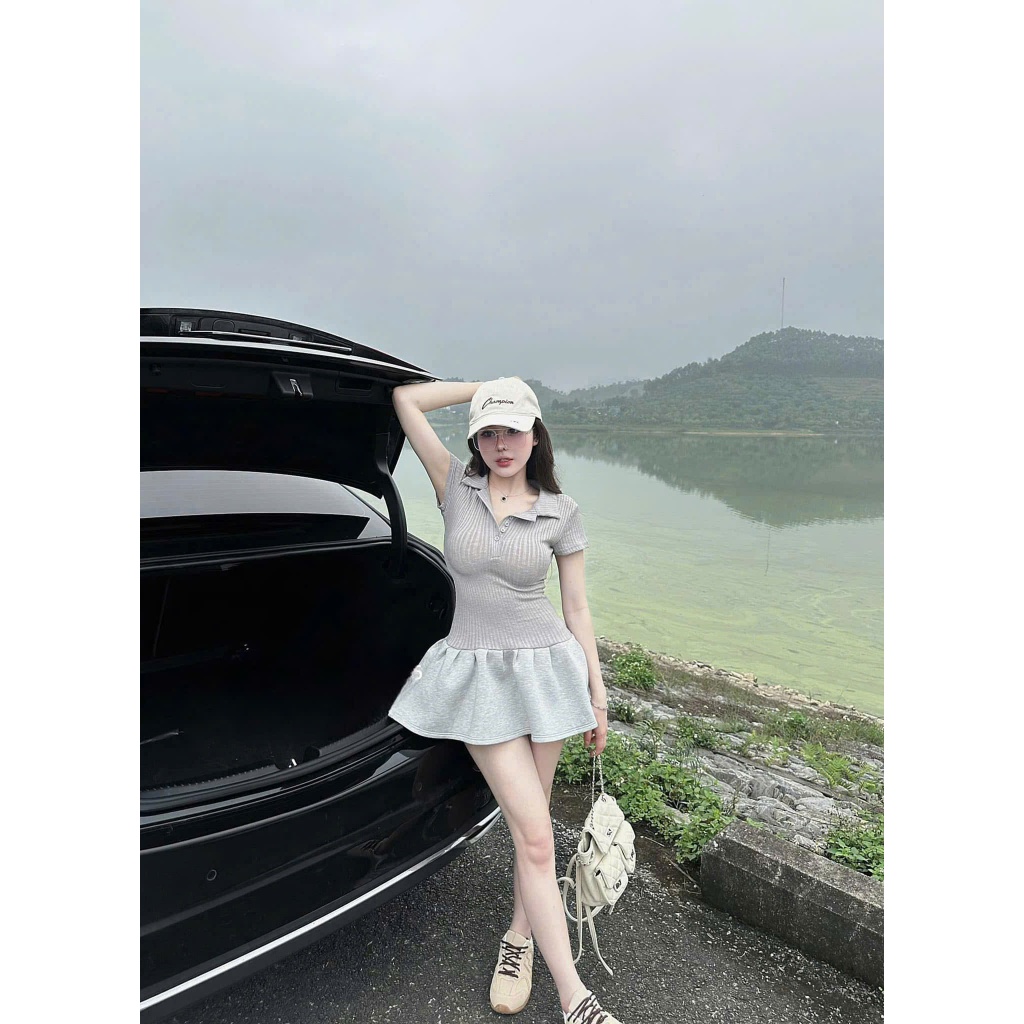 Váy body cổ sơ mi tay hến bồng xoè thiết kế sang trọng, Đầm polo nữ tay hến phối tùng xoè nhún tkế năng động