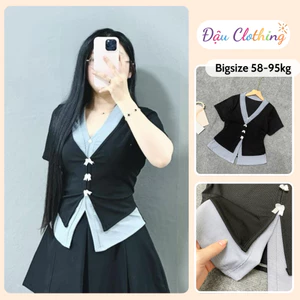 Áo Kiểu Bigsize Nữ Tay Ngắn Cổ V Giả 2 Lớp Dịu Dàng Vải Thun Co Giãn Cho Chubby 60-95kg A271