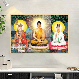 [TRANH PHẬT GIÁO] Tranh Treo Tường Phòng Thờ Phật Giáo - Tranh Ta Bà Tam Thánh - Tranh Laminate Tráng Gương