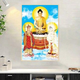 [TRANH PHẬT GIÁO] Tranh Treo Tường Phòng Thờ Phật Giáo - Tranh Ta Bà Tam Thánh - Tranh Laminate Tráng Gương