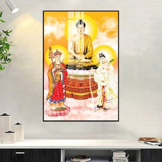 [TRANH PHẬT GIÁO] Tranh Treo Tường Phòng Thờ Phật Giáo - Tranh Ta Bà Tam Thánh - Tranh Laminate Tráng Gương