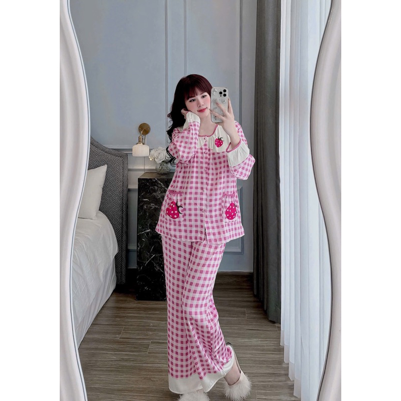 Đồ bộ- set ngủ mặc nhà pijama tiểu thư cổ tròn lụa latin mềm mịn mát
