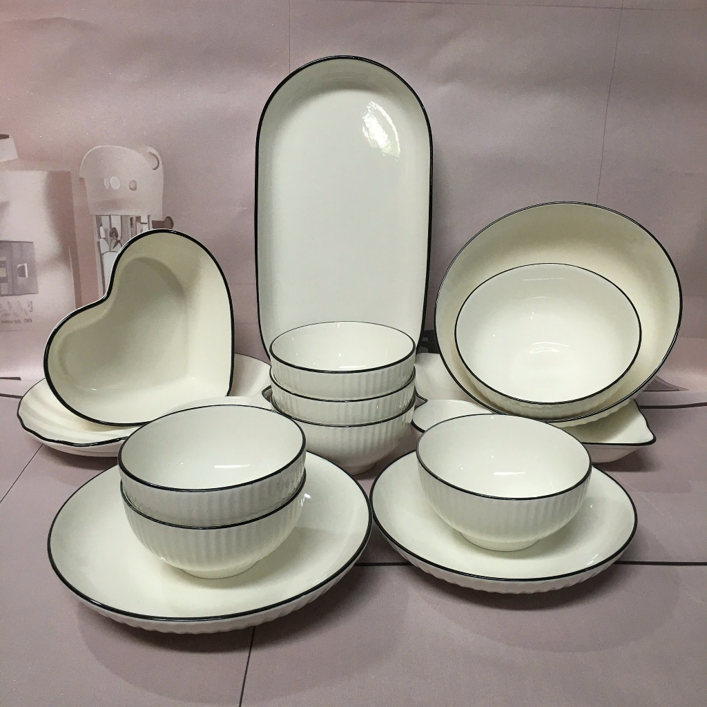 Bát Đĩa sứ ăn cơm trắng Viền Đen Vân Sọc sang trọng -  Gốm Sứ Cao Cấp