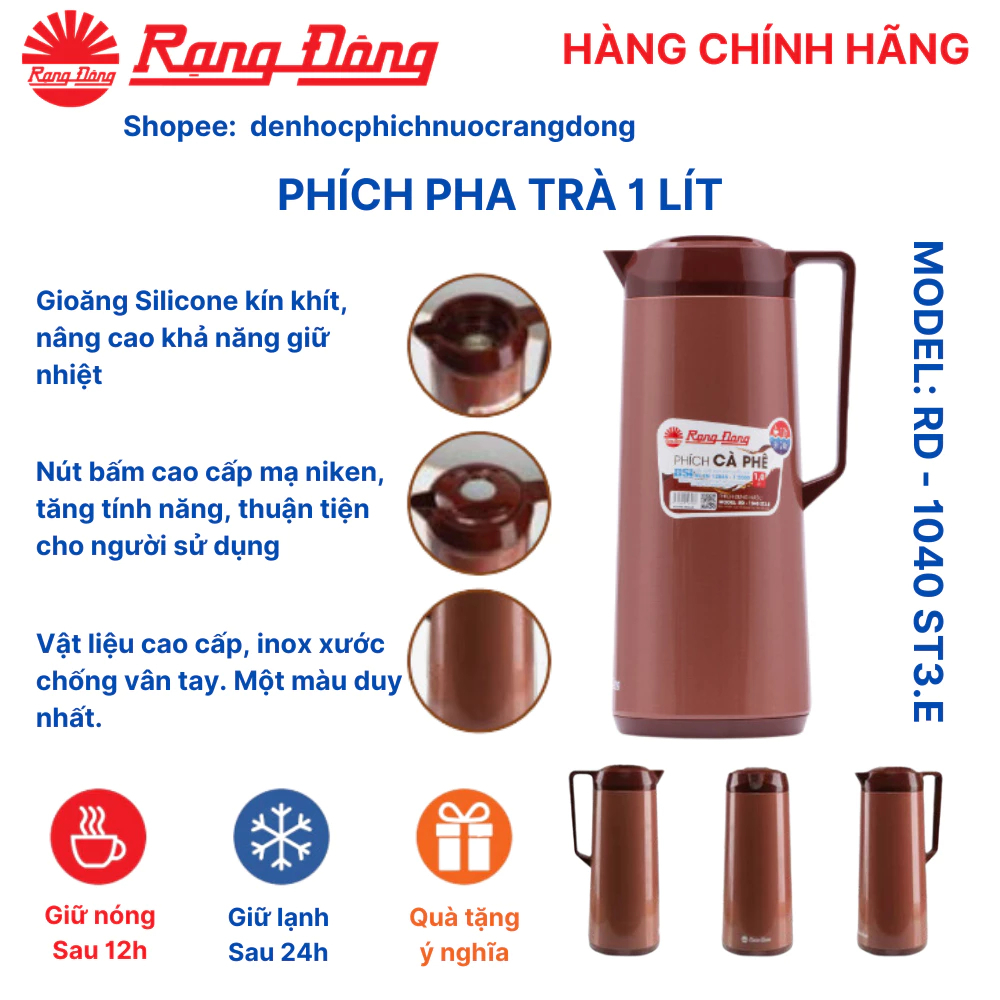 Phích Cà Phê Rạng Đông 1040 ST3.E 1L – Bình Thủy Giữ Nhiệt 24h, Phù Hợp Đựng Nước, Pha Trà, Cà Phê, Giữ Nhiệt Nóng Lạnh