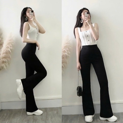 Quần ống loe cạp cao khóa sườn chất umi co giãn tôn dáng A1722