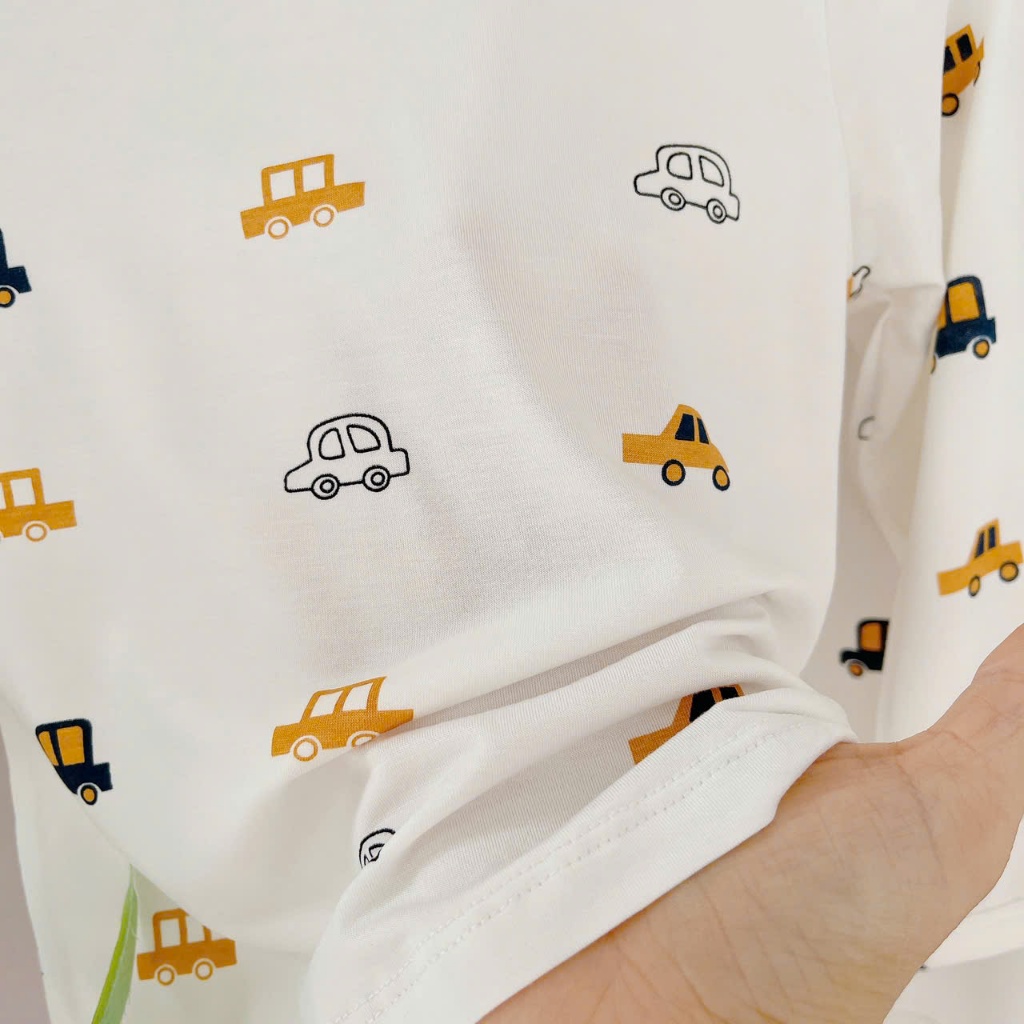 Bộ đùi bé trai sợi sồi Modal Lá Homewear A245 mềm mát lạnh, bộ cộc tay bé trai mặc hè hình xe