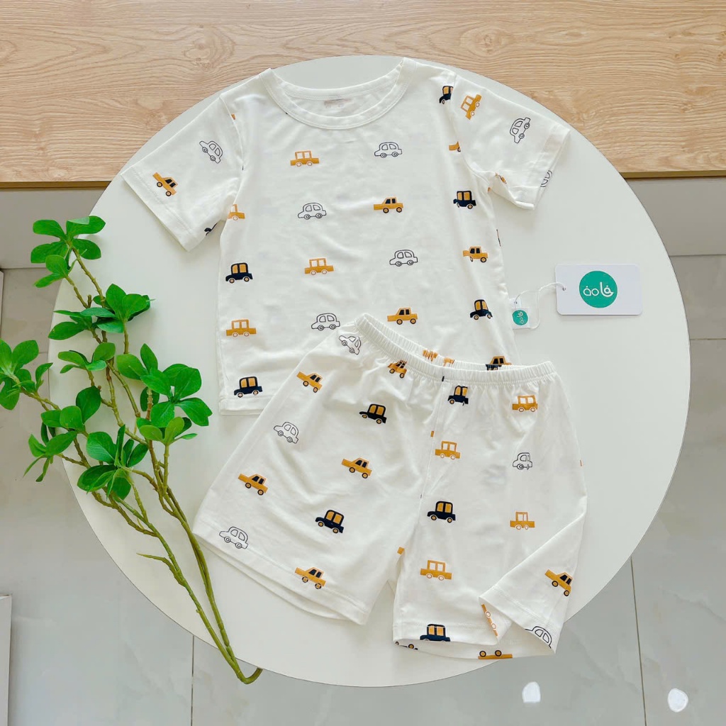 Bộ đùi bé trai sợi sồi Modal Lá Homewear A245 mềm mát lạnh, bộ cộc tay bé trai mặc hè hình xe