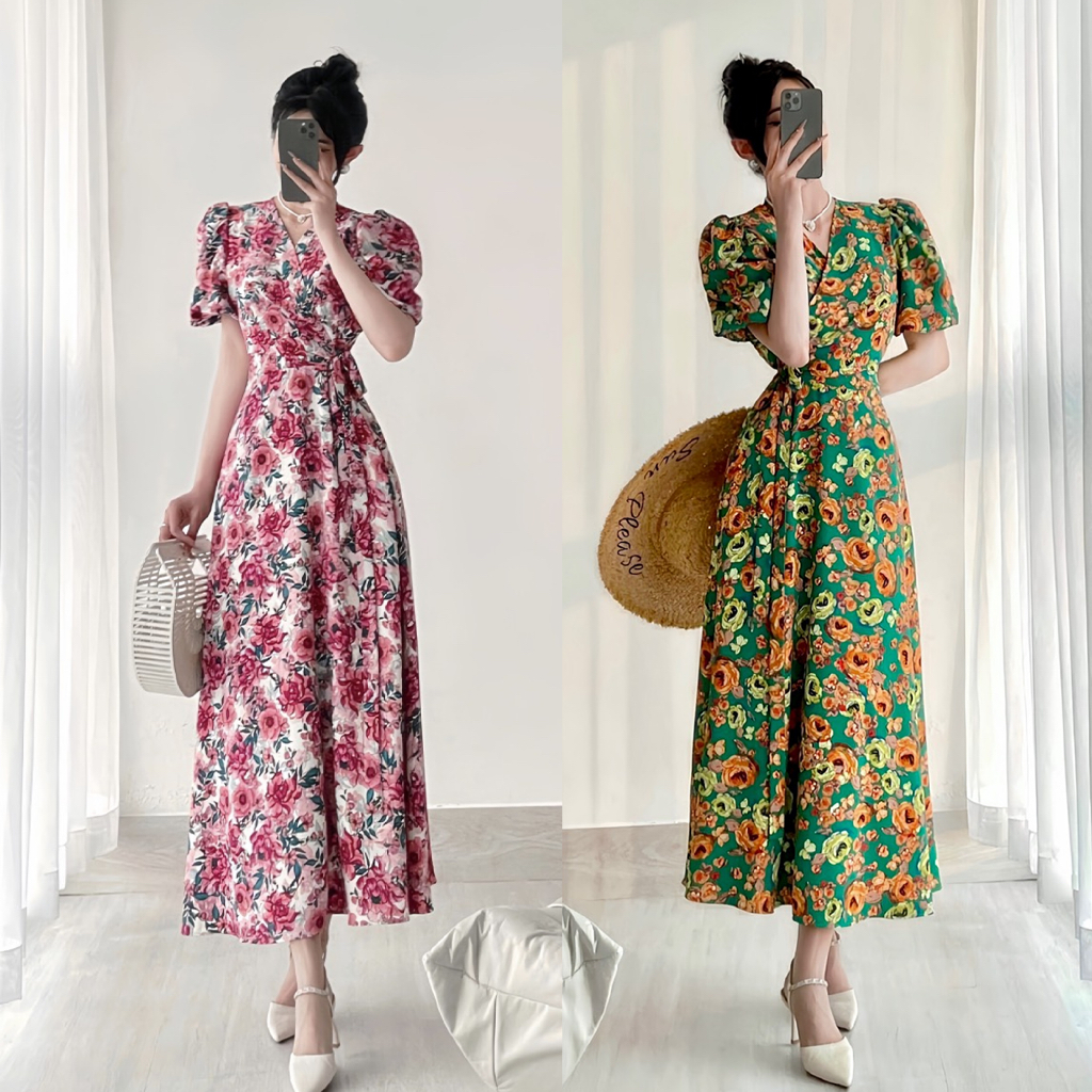 Đầm midi hoa cổ V tay bồng buộc nơ eo A1962