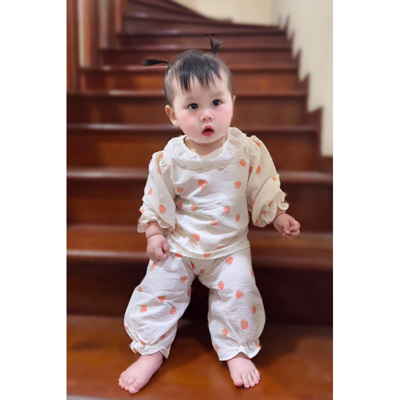 Bộ Dài Tay Thu Đông Cổ Tròn Phối Ren Điệu Đà Cho Bé Gái