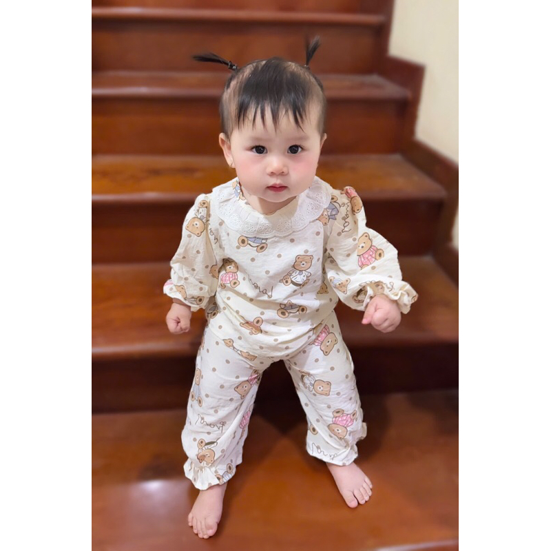 Bộ Dài Tay Thu Đông Cổ Tròn Phối Ren Điệu Đà Cho Bé Gái