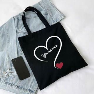Túi tote, Túi vải bố canvas cotton in tên theo yêu cầu Trái tim đeo vai thời trang hàn quốc đựng vừa A4 - yc196