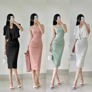 Set bộ áo vest phối đầm 2 dây trượt hàn A2313