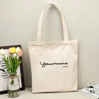 Túi tote, Túi vải bố canvas cotton in tên và thành phố theo yêu cầu đeo vai thời trang hàn quốc đựng vừa A4 - yc196