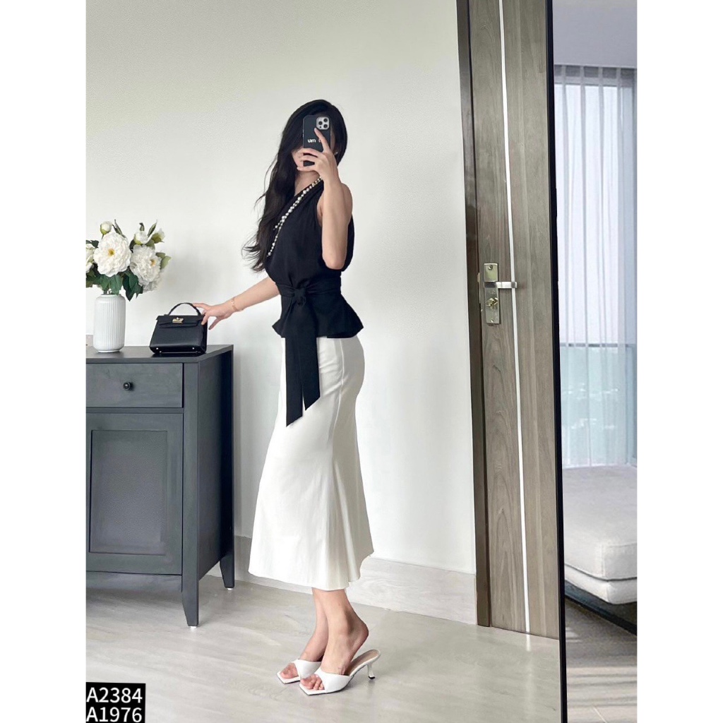 Set áo sơ mi cổ V phối chân váy đuôi cá cho các nàng công sở A2384
