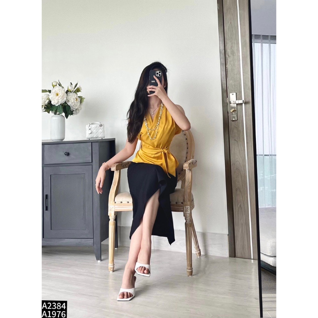 Set áo sơ mi cổ V phối chân váy đuôi cá cho các nàng công sở A2384