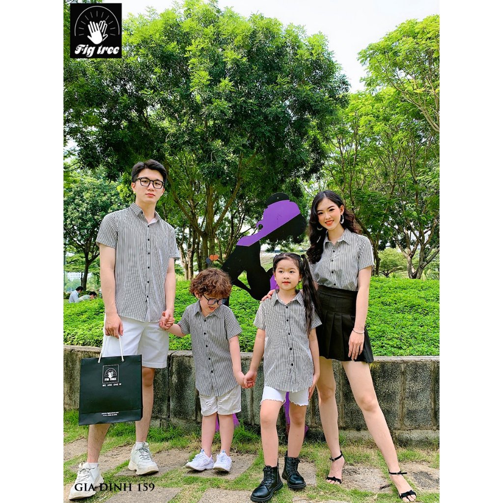 Áo Sơ Mi Gia Đình FIG TREE Tay Ngắn, Sọc Đen Trắng nhã nhặn, chất Cotton trơn co giãn mềm mịn, MS159