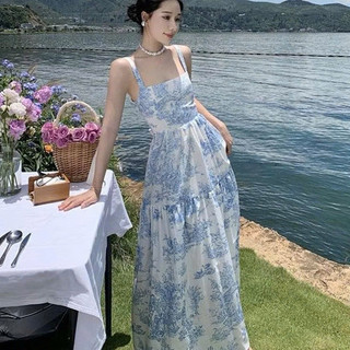 Đầm maxi chất voan cao cấp in họa tiết hoa xanh sang trọng áo 2 dây hở lưng thắt nơ váy dài dáng xòe siêu xinh
