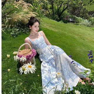 Đầm maxi chất voan cao cấp in họa tiết hoa xanh sang trọng áo 2 dây hở lưng thắt nơ váy dài dáng xòe siêu xinh