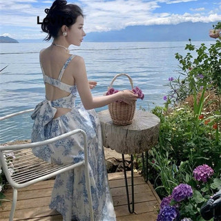 Đầm maxi chất voan cao cấp in họa tiết hoa xanh sang trọng áo 2 dây hở lưng thắt nơ váy dài dáng xòe siêu xinh