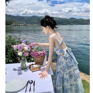 Đầm maxi chất voan cao cấp in họa tiết hoa xanh sang trọng áo 2 dây hở lưng thắt nơ váy dài dáng xòe siêu xinh