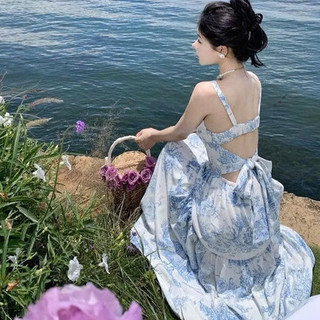 Đầm maxi chất voan cao cấp in họa tiết hoa xanh sang trọng áo 2 dây hở lưng thắt nơ váy dài dáng xòe siêu xinh
