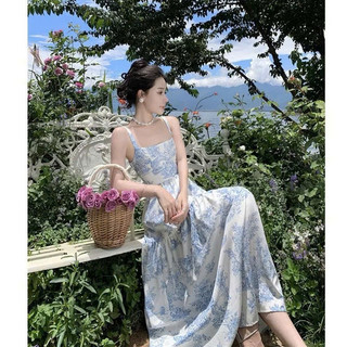 Đầm maxi chất voan cao cấp in họa tiết hoa xanh sang trọng áo 2 dây hở lưng thắt nơ váy dài dáng xòe siêu xinh