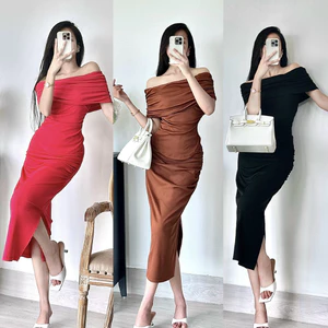 Set bộ thun tăm áo bẹ vai phối chân váy midi 3 màu A2417