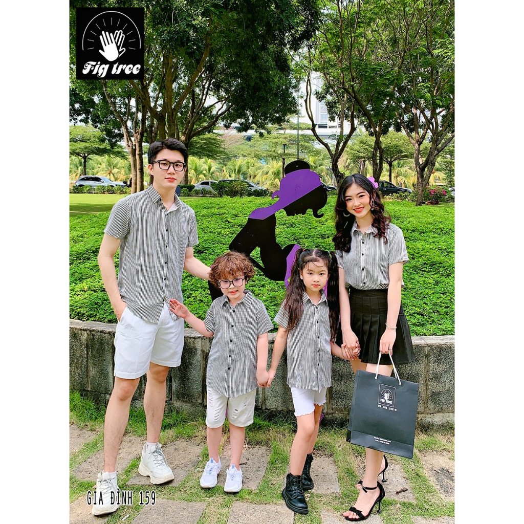 Set Đồ Gia Đình Fig Tree Sọc Trắng Đen Mát Mẻ Cho Hè Du Lịch, chất mềm mịn, hàng thiết kế, MS 159