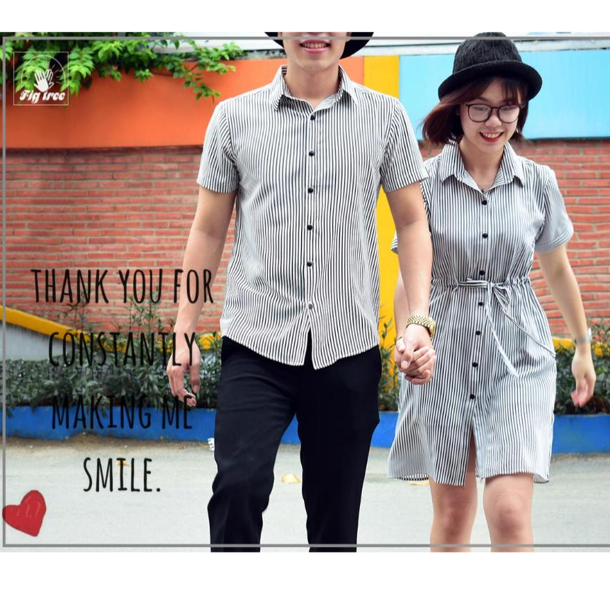 Set Sơ Mi Váy Đôi Fig Tree Sọc Đứng Trắng Đen Cho Couple Đi Chơi, Dạo Phố, Du Lịch, Có Size, Ms 159