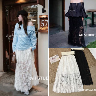[NEW/SẴN] Chân váy midi ren hoa nổi ullzang 3 tầng xuyên thấu cạp chun lót ngang đùi- Rusie Dress-2 màu đen,kem