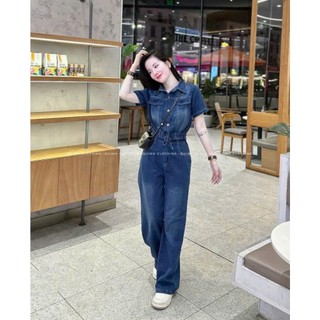 Set bộ dài chất jeans dày dặn cao cấp áo rút dây eo cổ sơ mi tay ngắn phối quần ống rộng có túi cá tính năng động