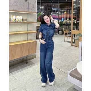 Set bộ dài chất jeans dày dặn cao cấp áo rút dây eo cổ sơ mi tay ngắn phối quần ống rộng có túi cá tính năng động
