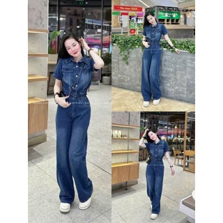 Set bộ dài chất jeans dày dặn cao cấp áo rút dây eo cổ sơ mi tay ngắn phối quần ống rộng có túi cá tính năng động