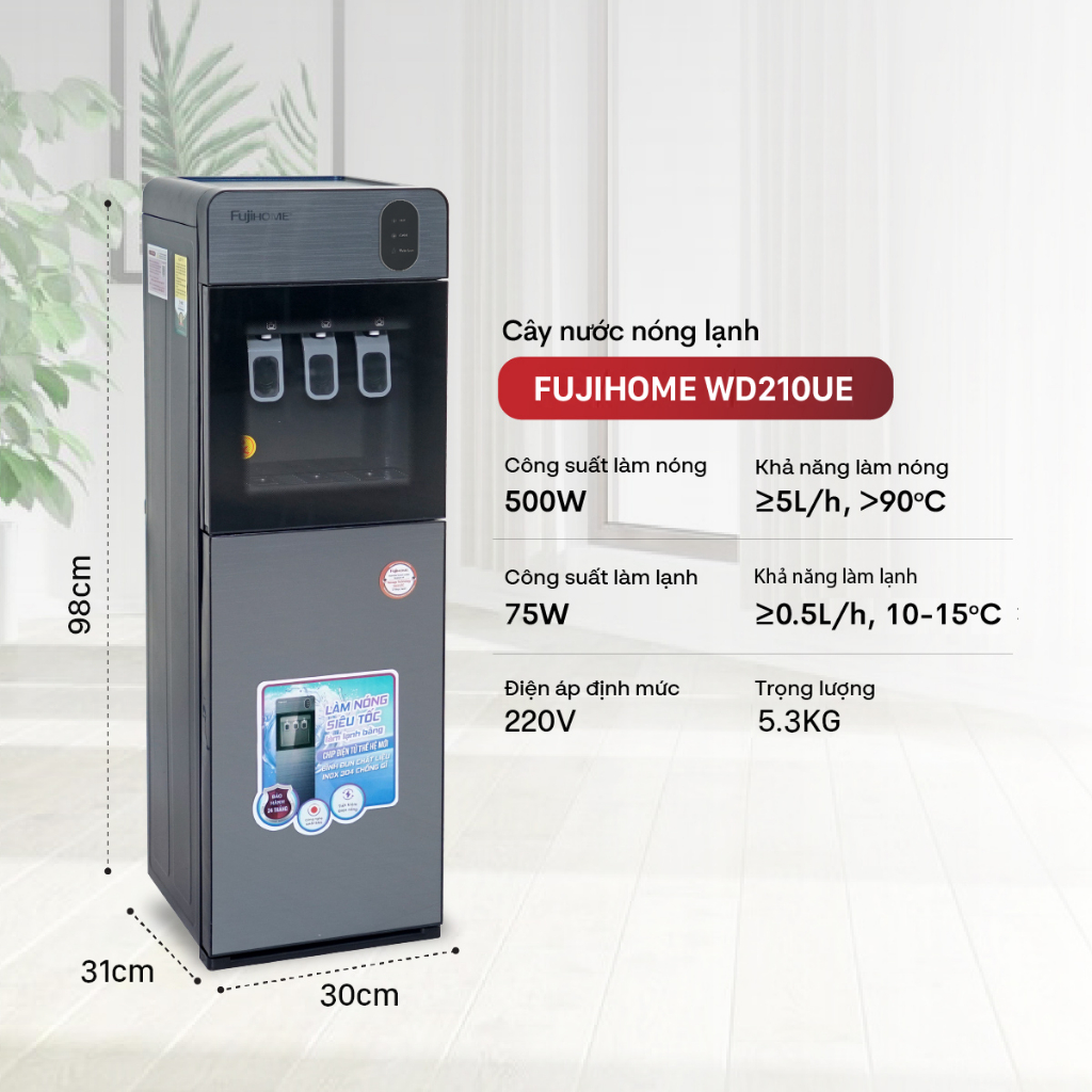 Cây nước nóng lạnh bình âm Nhập Khẩu FUJIHOME WD210UE, Máy lọc nước uống làm lạnh nhanh 3 vòi