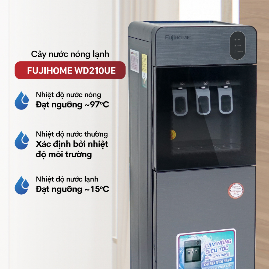 Cây nước nóng lạnh bình âm Nhập Khẩu FUJIHOME WD210UE, Máy lọc nước uống làm lạnh nhanh 3 vòi