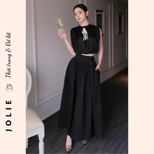 Set Váy Dáng Dài Mix Áo Tơ Kèm Tag Nơ Cổ Và Tag Hoa JOLIE