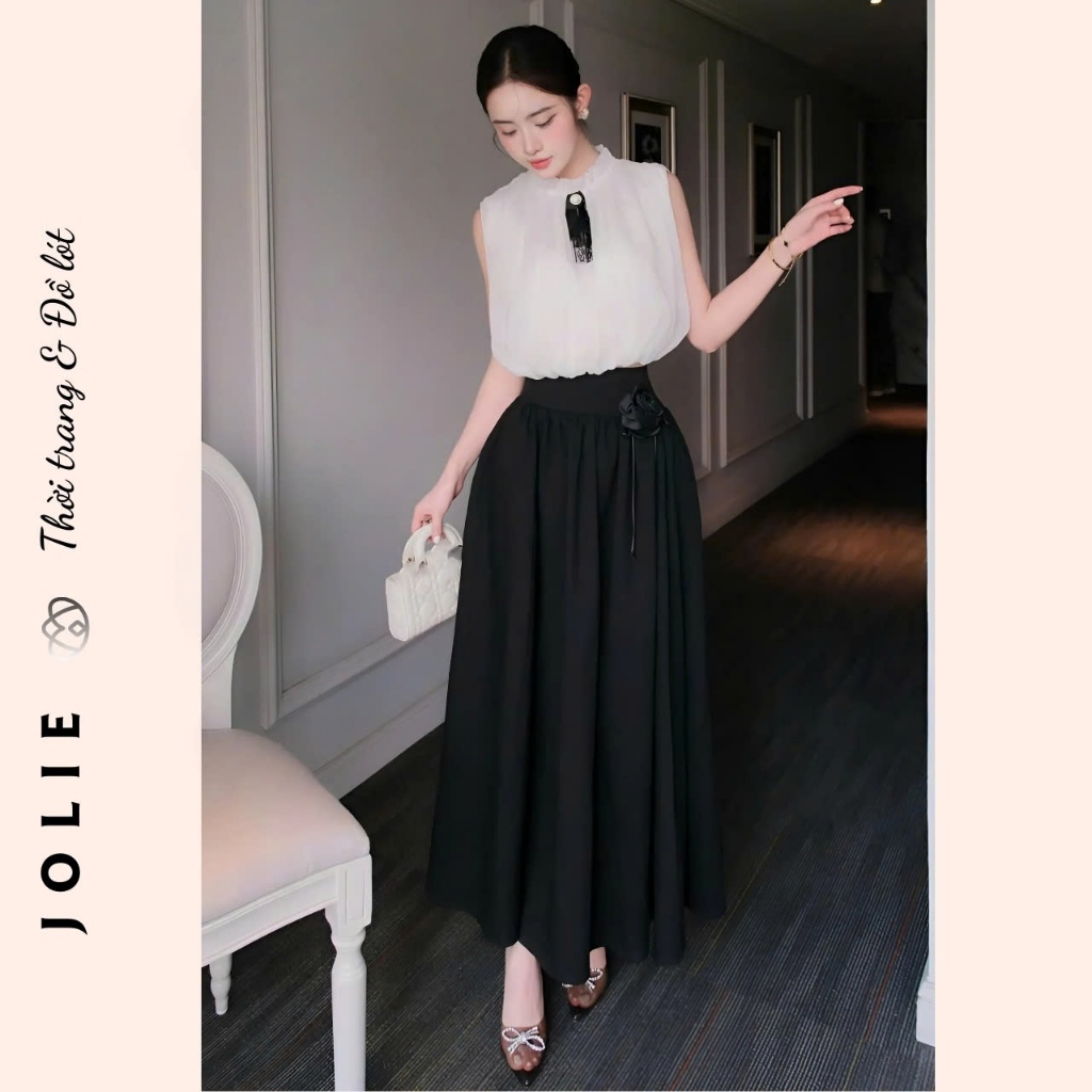 Set Váy Dáng Dài Mix Áo Tơ Kèm Tag Nơ Cổ Và Tag Hoa JOLIE