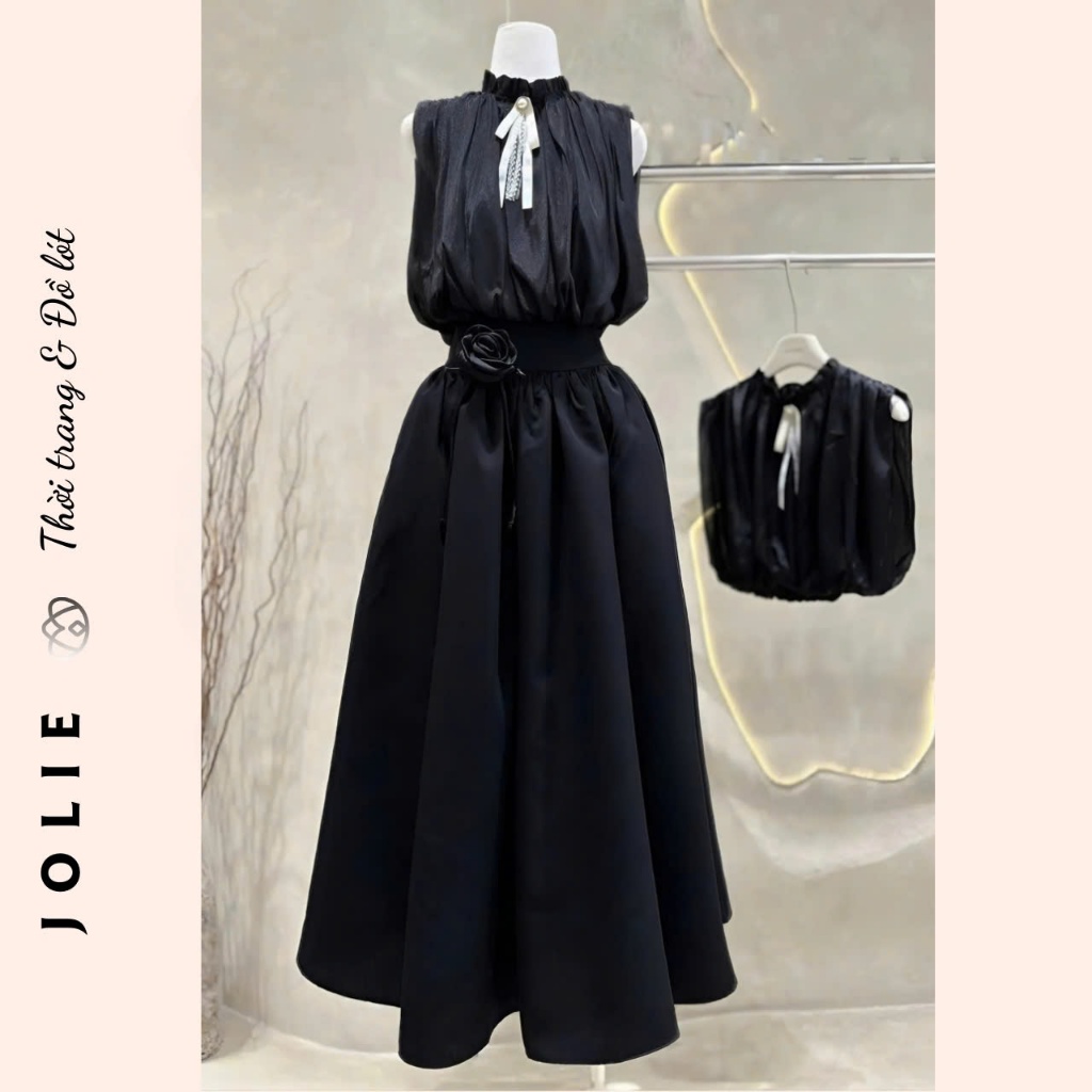 Set Váy Dáng Dài Mix Áo Tơ Kèm Tag Nơ Cổ Và Tag Hoa JOLIE