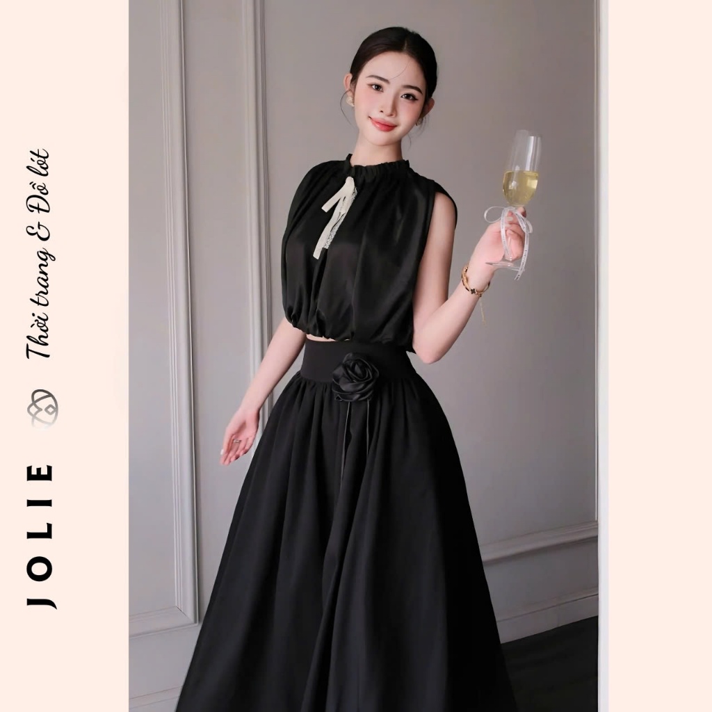 Set Váy Dáng Dài Mix Áo Tơ Kèm Tag Nơ Cổ Và Tag Hoa JOLIE