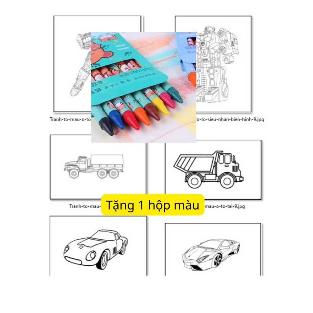 Tặng 1 hộp màu sáp 8 cây - Combo 50 hình tô màu chủ đề : Rô bót , các ...