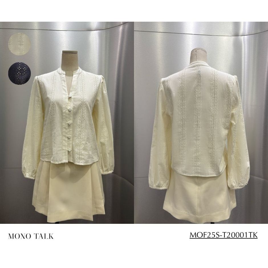 Ảnh Áo cổ tàu mở V MONO TALK tay xếp bồng, chất liệu cotton thêu MOF25S-T20001TK 3
