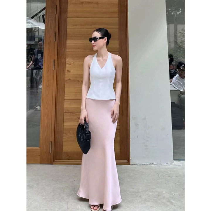 Chân váy lụa dáng dài, Chân váy lụa đuôi cá cạp trễ 2 lớp lụa vân gỗ mềm mịn đủ size XS S M L
