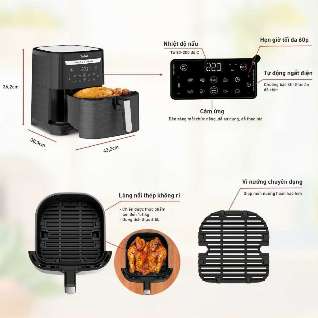 Nồi chiên không dầu Tefal EY801815 2in1 Easy Fry & Grill 6.5L - Bảo hành chính hãng 24 tháng