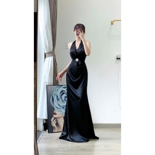 Đầm dạ hội cổ yếm kèm tag cài áo - ảnh thật 100% mm 2025
