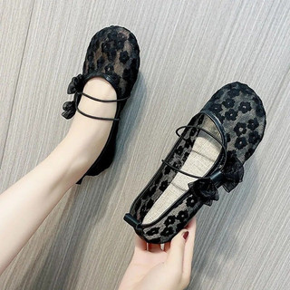 (Sẵn trắng 35,36,40 đen 35,37 )Giày Búp Bê Mary Jane Phối Hoa Lưới Đế Dẻo Ulzzang (Lùi 1 Size)