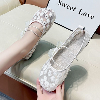 (Sẵn trắng 35,36,40 đen 35,37 )Giày Búp Bê Mary Jane Phối Hoa Lưới Đế Dẻo Ulzzang (Lùi 1 Size)